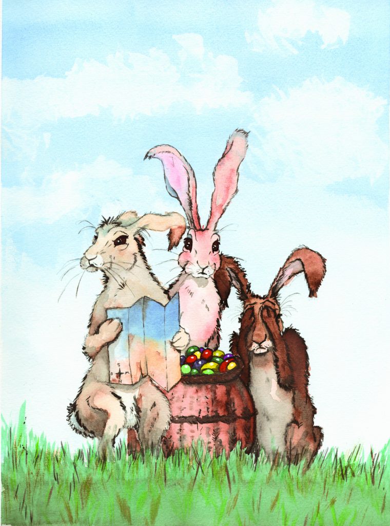 drei Hasen, Ostereier in einer Kiepe, sie haben sich verlaufen, Stephanie Hempel