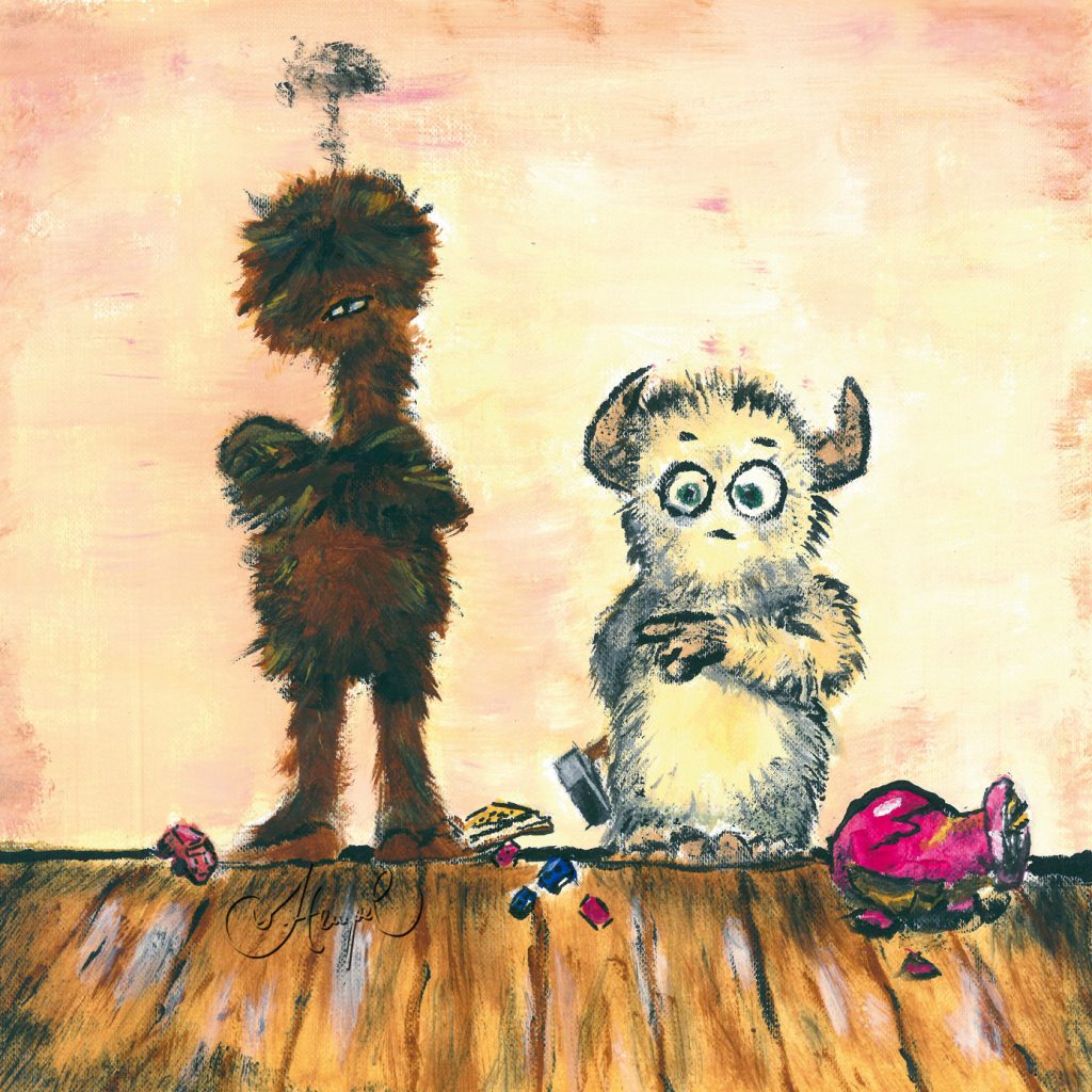 Zwei kleine Monster, einer hat eine Vase zerbrochen und schiebt es dem anderen in die Schuhe, Stephanie Hempel