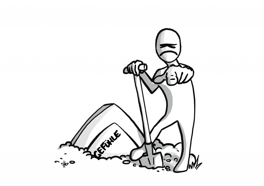 Figur vergräbt einen Stein mit der Aufschrift "Gefühle" und zeigt vorwurfsvoll auf den Betrachter, Stephanie Hempel